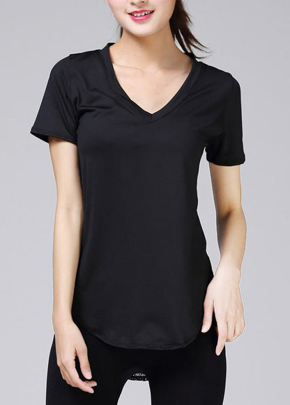 Black V-Neck Hollow Lace Quick Drying Sports T-Shirt Top Summer