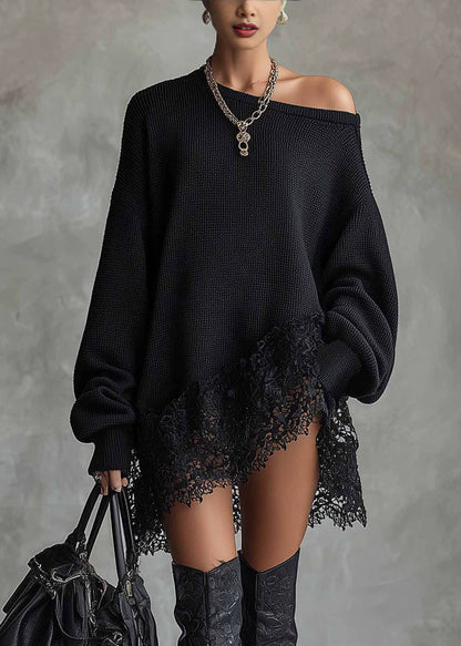 Black Waffle Knit Dress Asymmetrical Lace Patchwork Fall