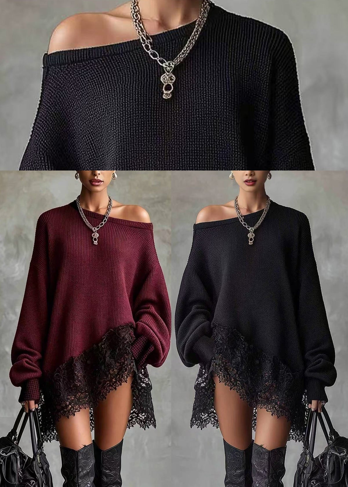 Black Waffle Knit Dress Asymmetrical Lace Patchwork Fall