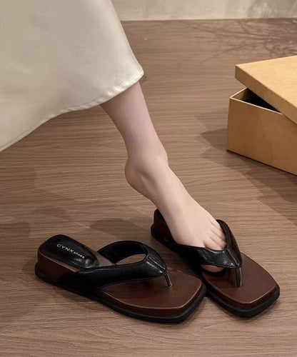 Black Wedge Faux Leather Comfortable Thong Sandals