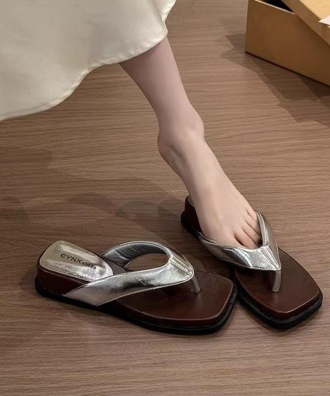 Black Wedge Faux Leather Comfortable Thong Sandals