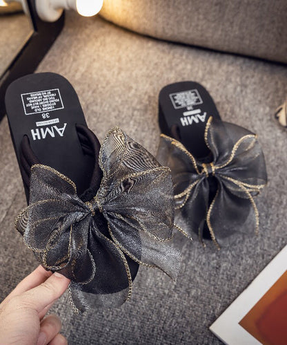 Black Wedge Flip Flops Unique Splicing Tulle Bow