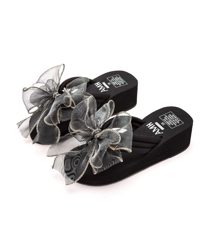 Black Wedge Flip Flops Unique Splicing Tulle Bow
