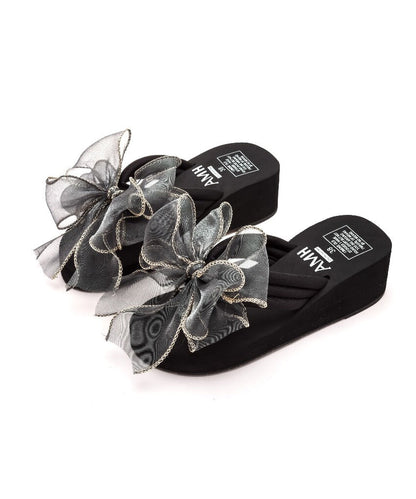 Black Wedge Flip Flops Unique Splicing Tulle Bow