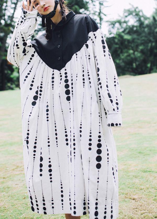 Black White Dot Circle Peter Pan Collar Cotton Long sleeve Dress - SooLinen