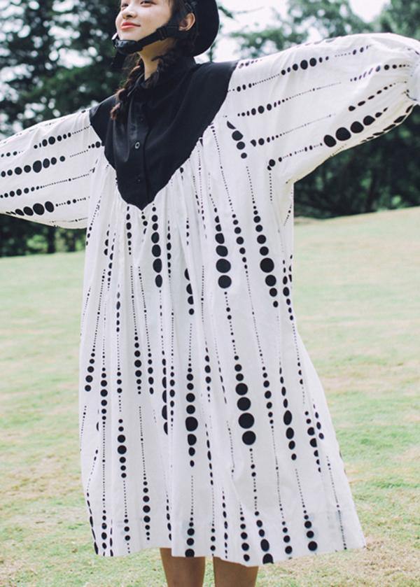 Black White Dot Circle Peter Pan Collar Cotton Long sleeve Dress - SooLinen