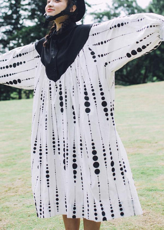 Black White Dot Circle Peter Pan Collar Cotton Long sleeve Dress - SooLinen