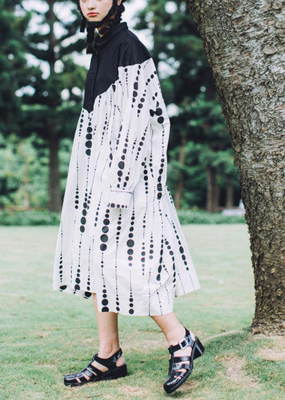 Black White Dot Circle Peter Pan Collar Cotton Long sleeve Dress - SooLinen