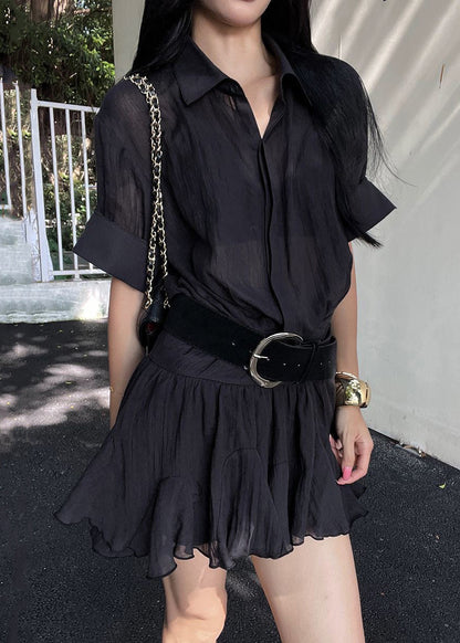 Black Wrinkled Button Cotton Shirts Dress Peter Pan Collar Half Sleeve