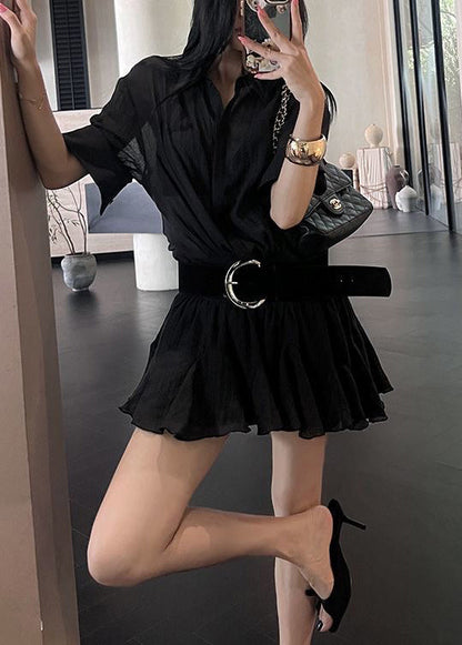 Black Wrinkled Button Cotton Shirts Dress Peter Pan Collar Half Sleeve