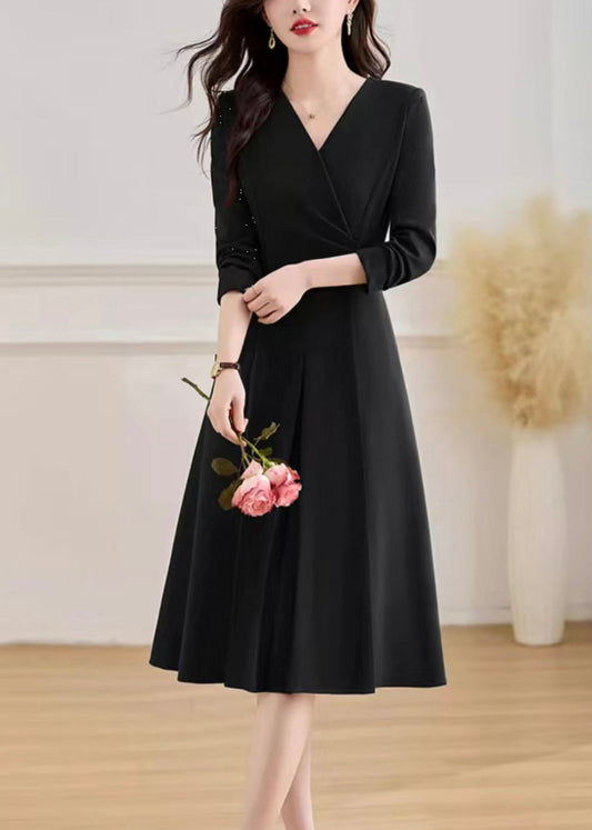 Black Wrinkled Flattering Long Dresses Fall