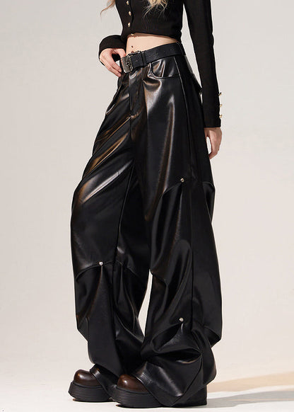 Black Wrinkled High Waist Warm Fleece Wide Leg Pants Winter