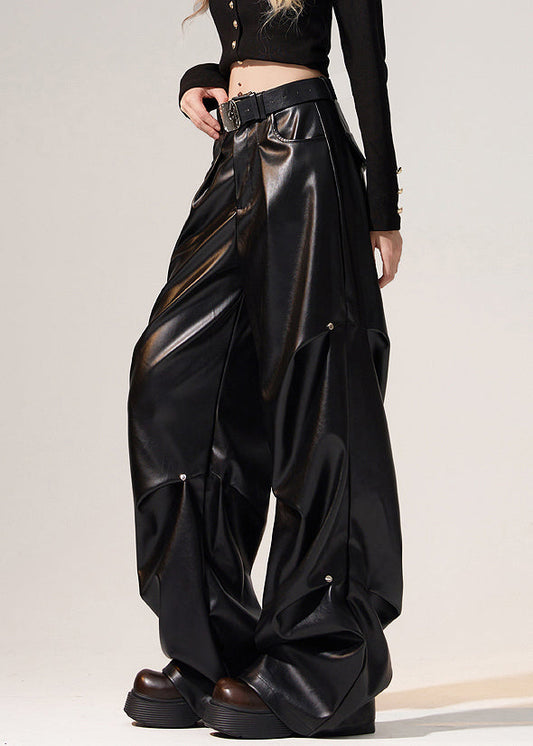 Black Wrinkled High Waist Warm Fleece Wide Leg Pants Winter