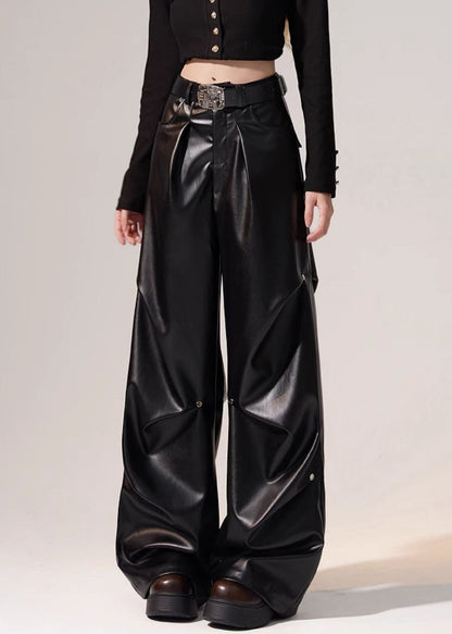 Black Wrinkled High Waist Warm Fleece Wide Leg Pants Winter