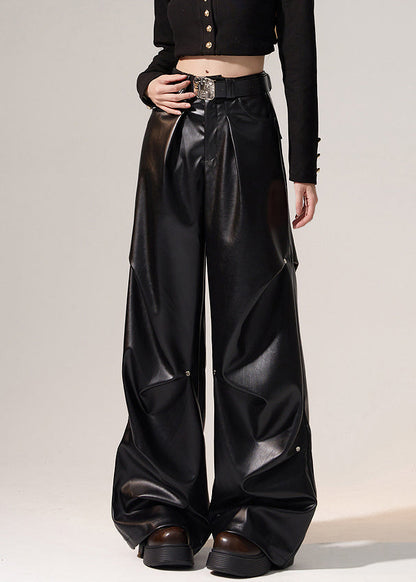 Black Wrinkled High Waist Warm Fleece Wide Leg Pants Winter