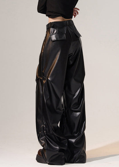 Black Wrinkled High Waist Warm Fleece Wide Leg Pants Winter