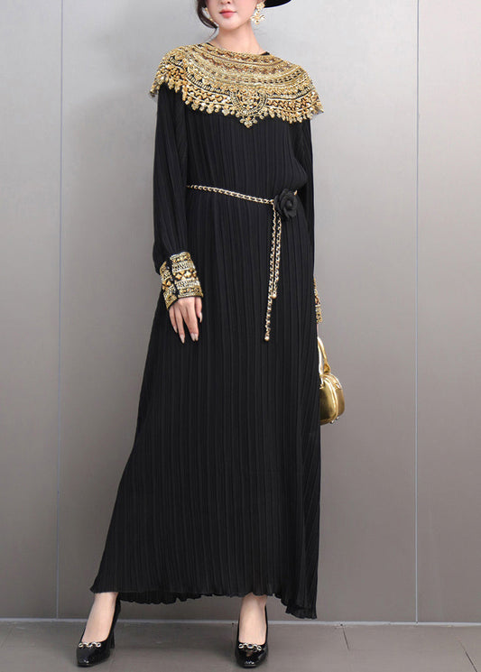 Black Wrinkled Nail Bead Sequins Maxi Dresses Fall