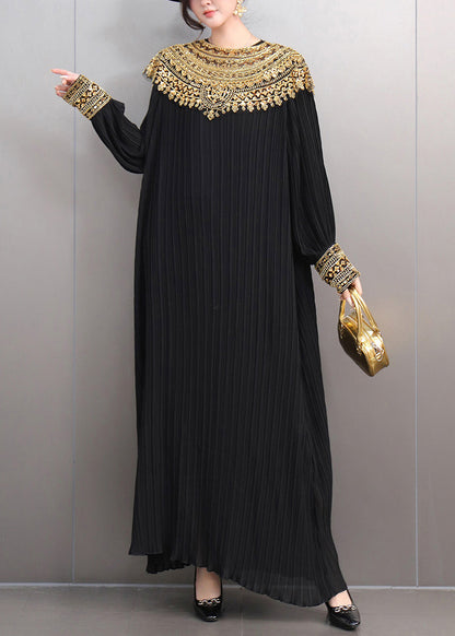Black Wrinkled Nail Bead Sequins Maxi Dresses Fall