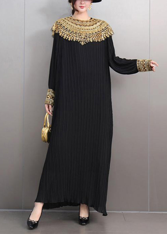 Black Wrinkled Nail Bead Sequins Maxi Dresses Fall