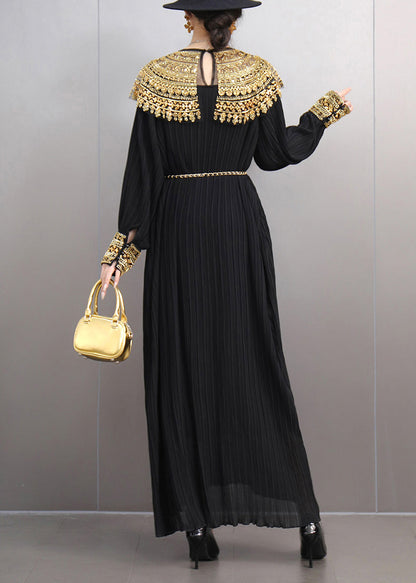 Black Wrinkled Nail Bead Sequins Maxi Dresses Fall