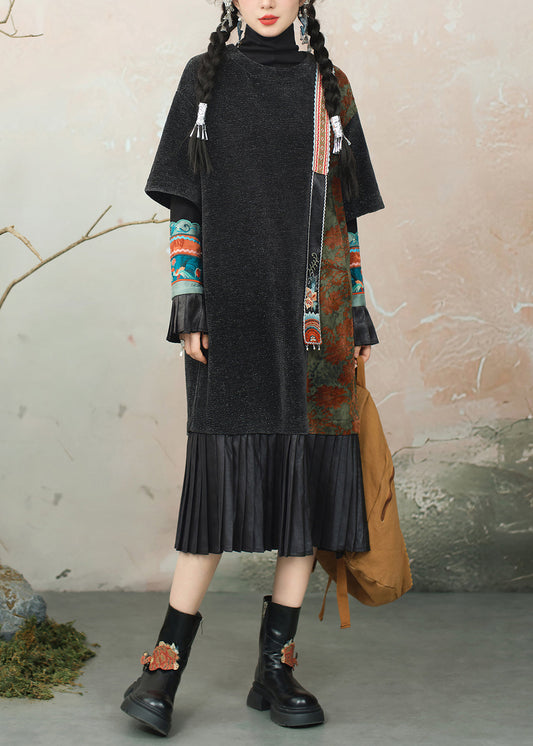 Black Wrinkled Patchwork Chenille Dress O Neck