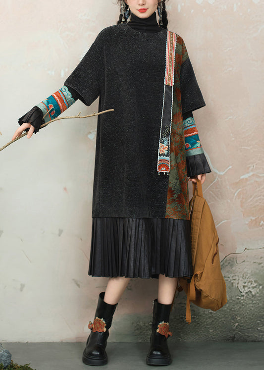 Black Wrinkled Patchwork Chenille Dress O Neck