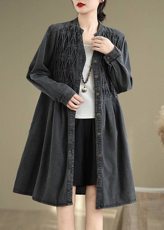 Black Wrinkled Patchwork Long Dresses V Neck Fall