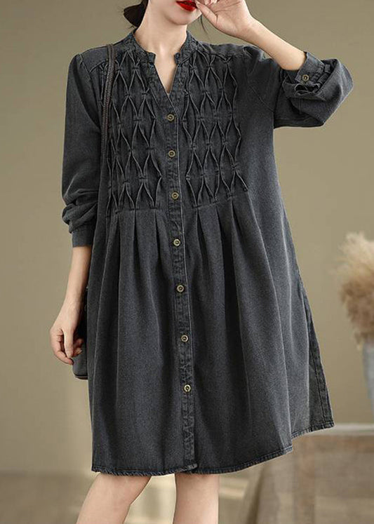 Black Wrinkled Patchwork Long Dresses V Neck Fall