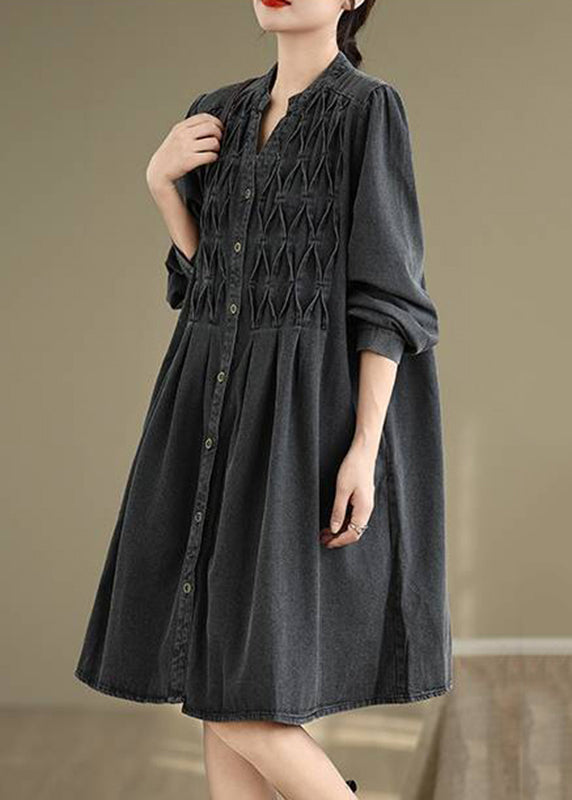 Black Wrinkled Patchwork Long Dresses V Neck Fall