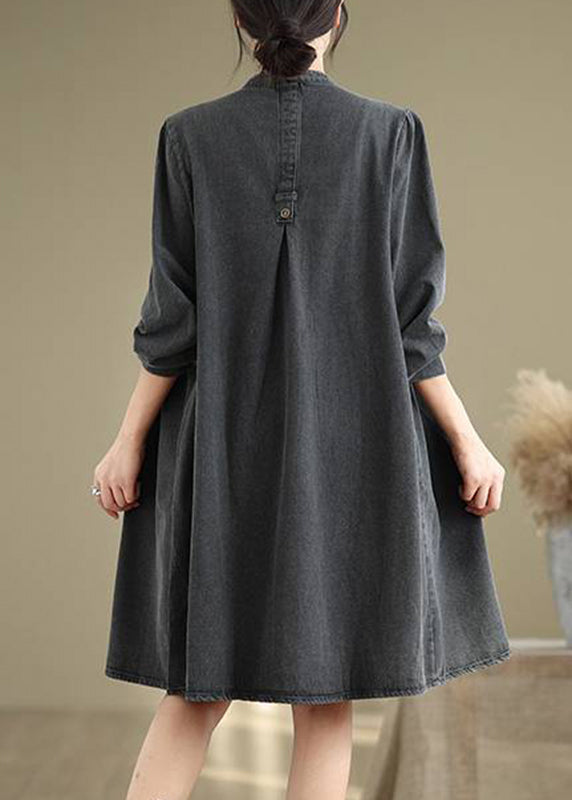 Black Wrinkled Patchwork Long Dresses V Neck Fall