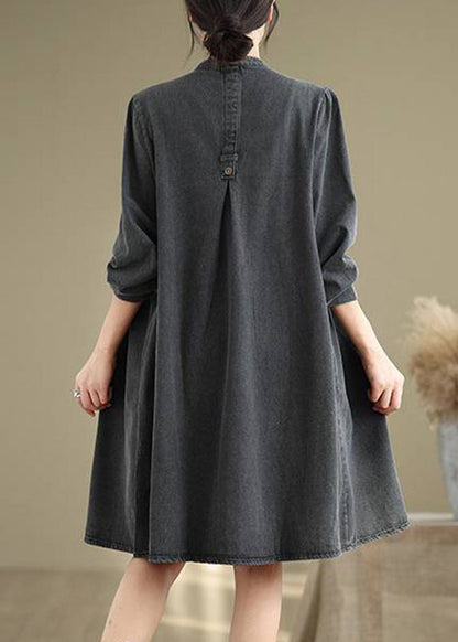 Black Wrinkled Patchwork Long Dresses V Neck Fall