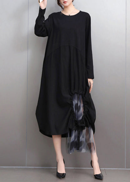 Black Wrinkled Patchwork Maxi Dress Fall