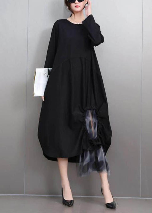 Black Wrinkled Patchwork Maxi Dress Fall