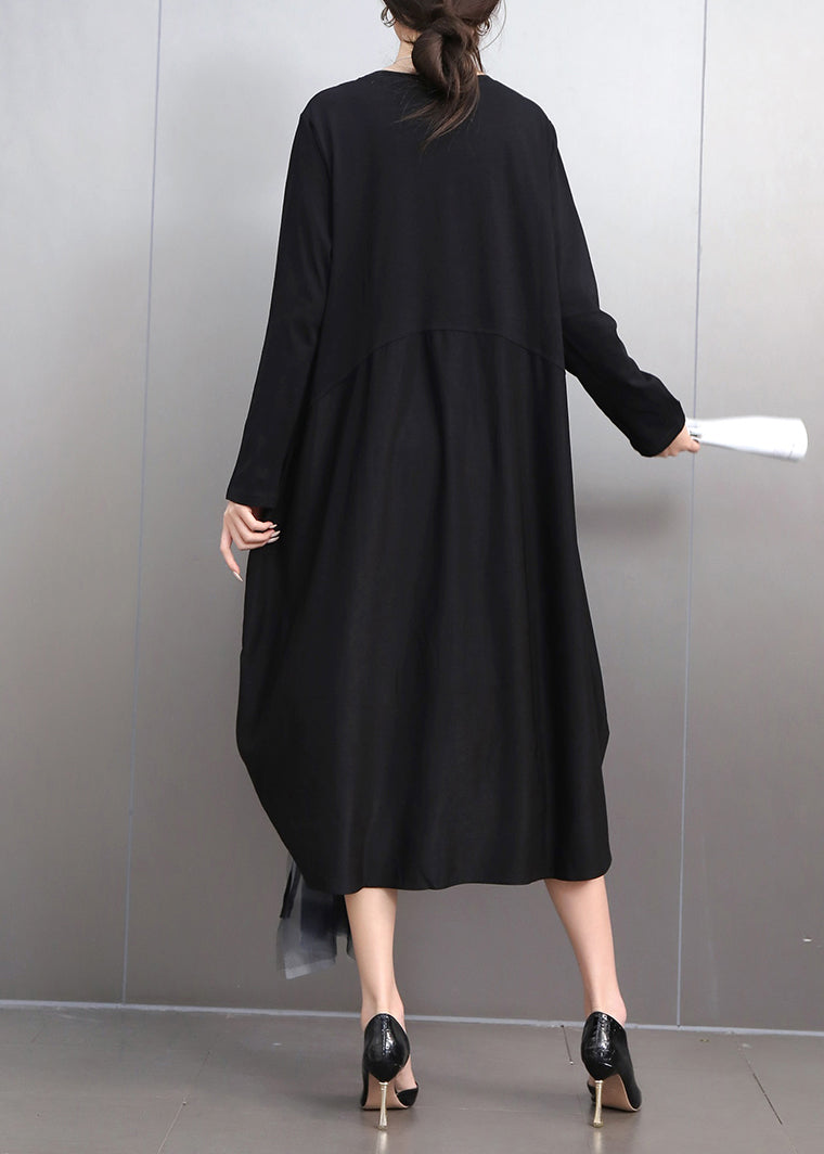 Black Wrinkled Patchwork Maxi Dress Fall