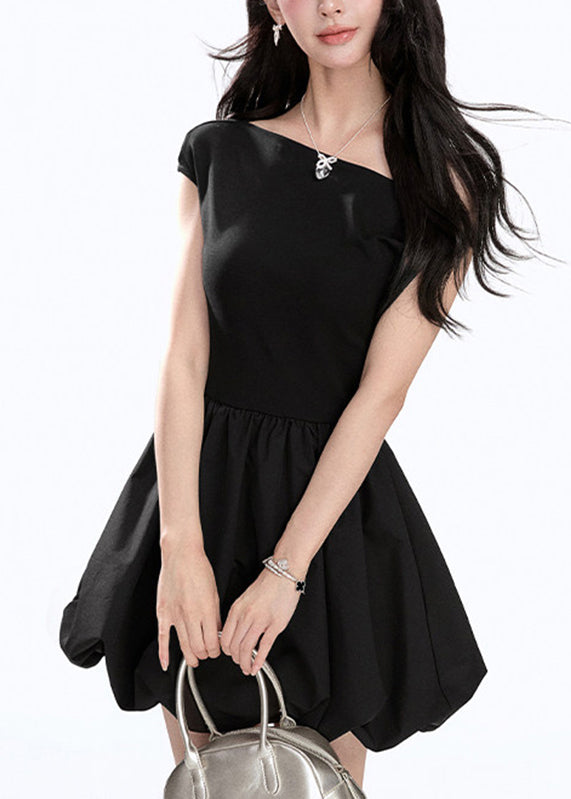 Black Wrinkled Patchwork Mid Dress Summer