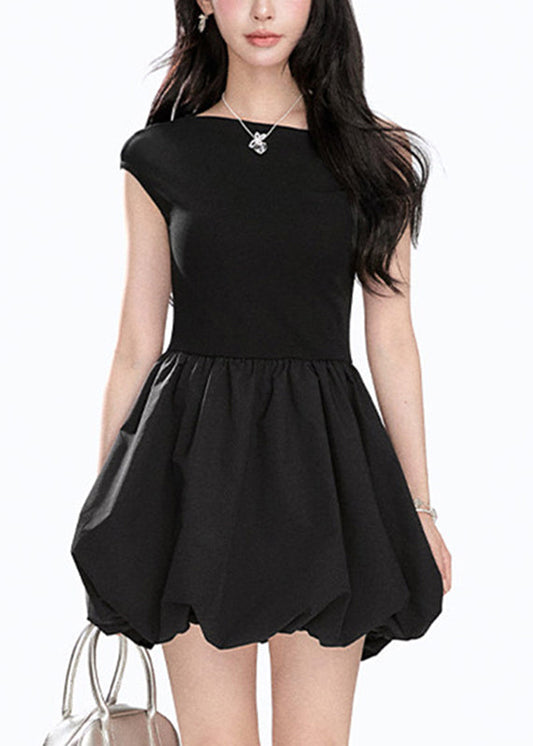 Black Wrinkled Patchwork Mid Dress Summer