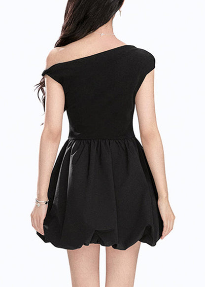 Black Wrinkled Patchwork Mid Dress Summer