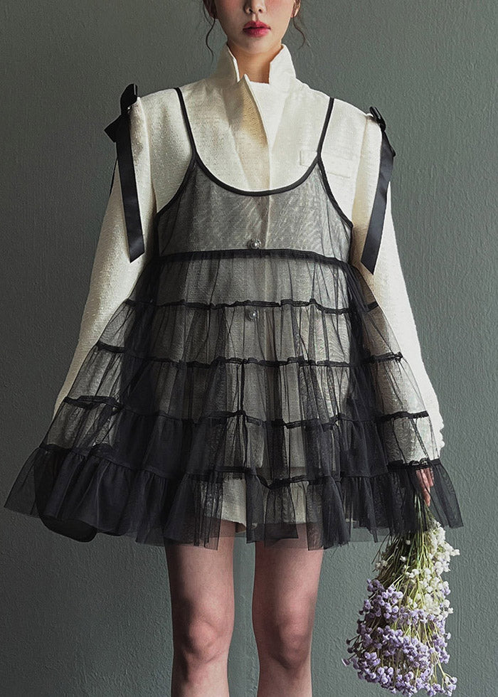 Black Wrinkled Patchwork Tulle Mid Spaghetti Strap Dress Sleeveless