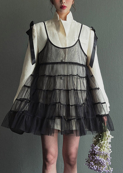 Black Wrinkled Patchwork Tulle Mid Spaghetti Strap Dress Sleeveless
