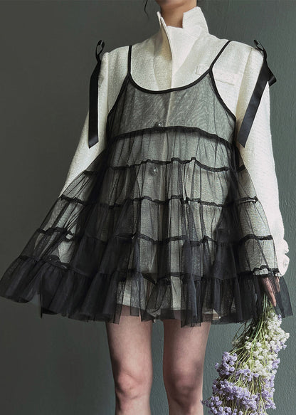 Black Wrinkled Patchwork Tulle Mid Spaghetti Strap Dress Sleeveless