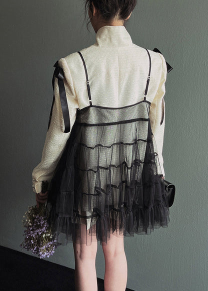 Black Wrinkled Patchwork Tulle Mid Spaghetti Strap Dress Sleeveless