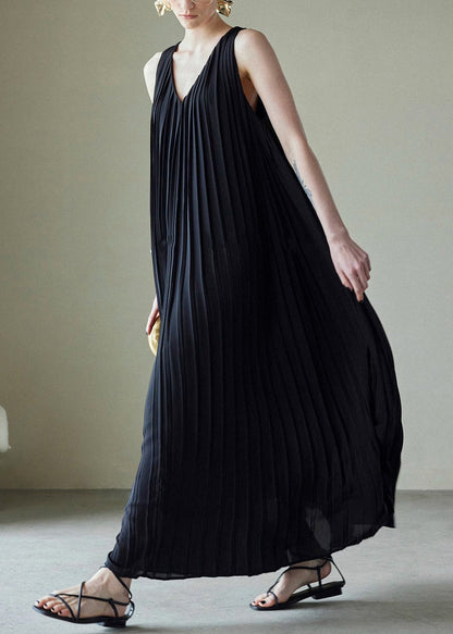 Black Wrinkled Pockets Chiffon Long Dress V Neck Summer