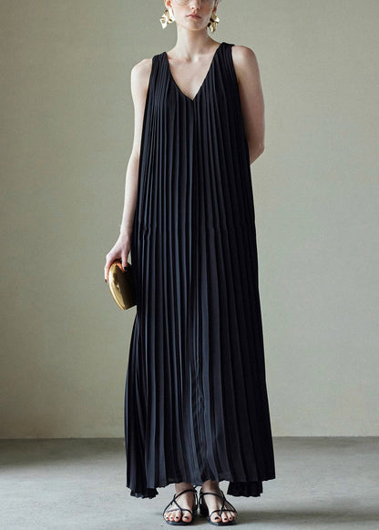 Black Wrinkled Pockets Chiffon Long Dress V Neck Summer