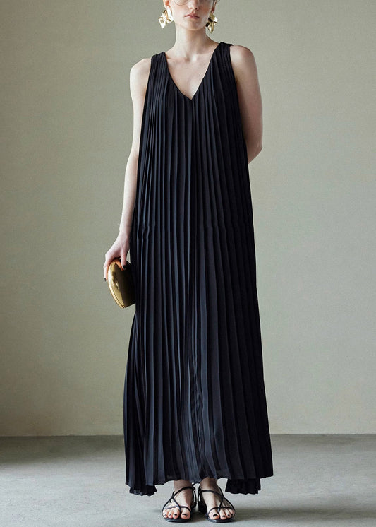 Black Wrinkled Pockets Chiffon Long Dress V Neck Summer