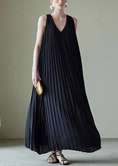 Black Wrinkled Pockets Chiffon Long Dress V Neck Summer