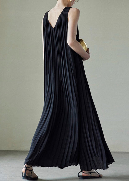 Black Wrinkled Pockets Chiffon Long Dress V Neck Summer