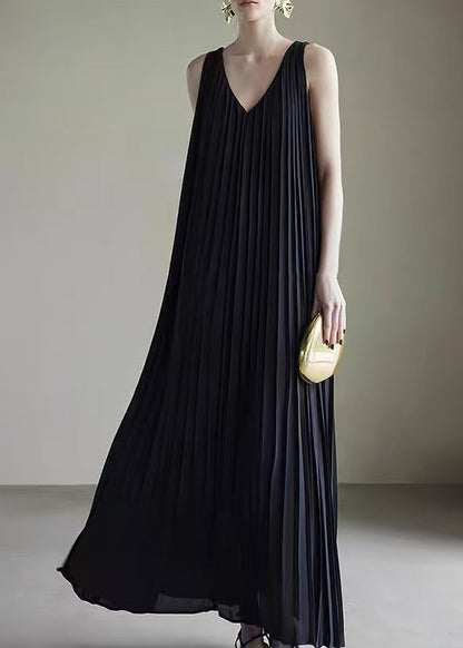 Black Wrinkled Pockets Chiffon Long Dresses V Neck Summer