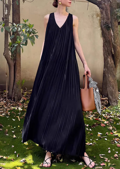 Black Wrinkled Pockets Chiffon Long Dresses V Neck Summer