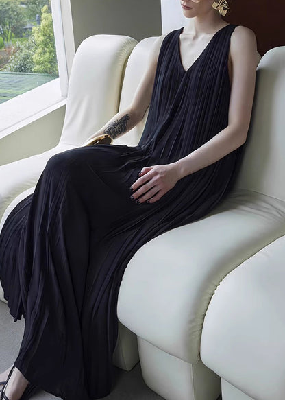 Black Wrinkled Pockets Chiffon Long Dresses V Neck Summer