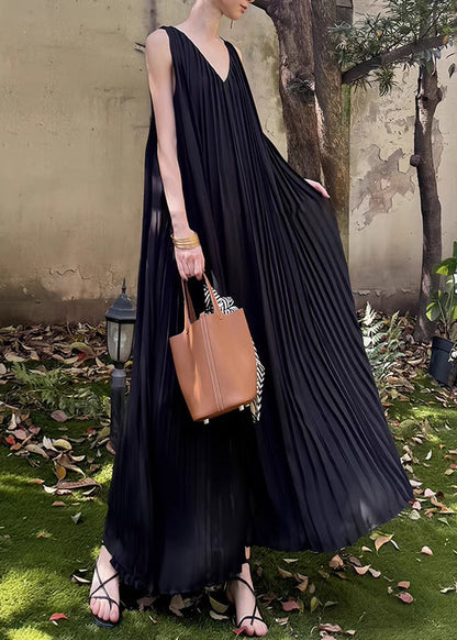 Black Wrinkled Pockets Chiffon Long Dresses V Neck Summer